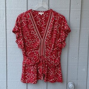 Max Studio Red Floral V-Neck Tie-Waist Ruffle Sleeve Blouse